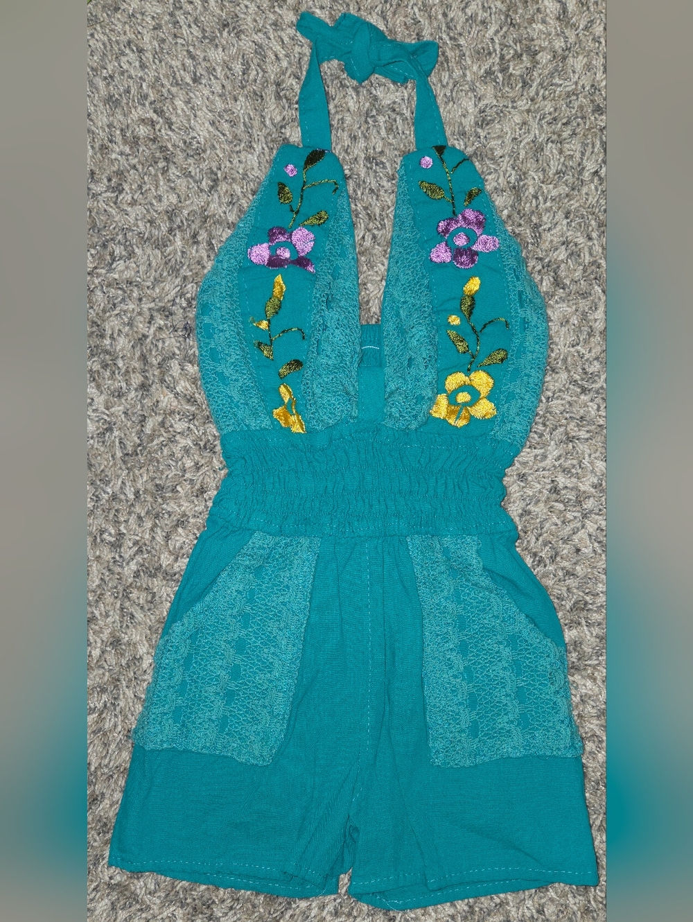 Girls Teal Embroidered Halter Romper